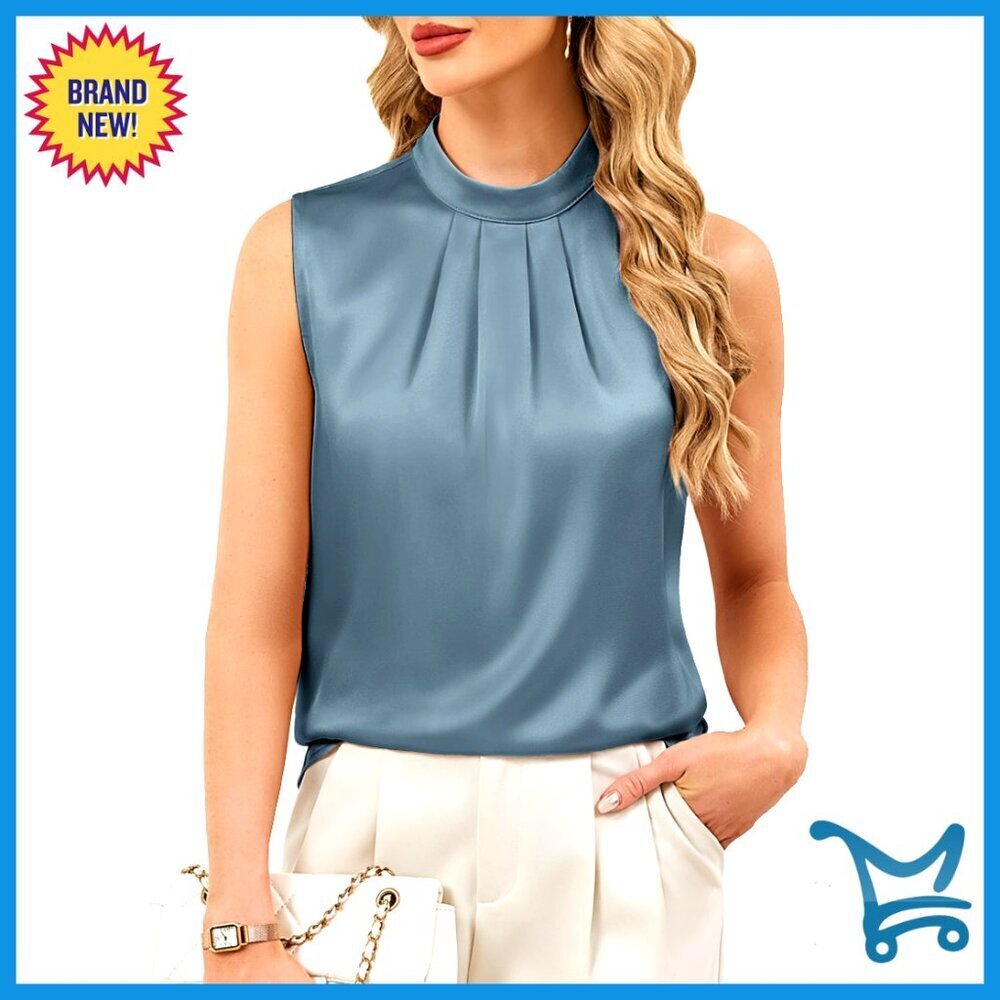 Satin Mock Neck Tank Top Size S Office Casual Blouse Loose Fit